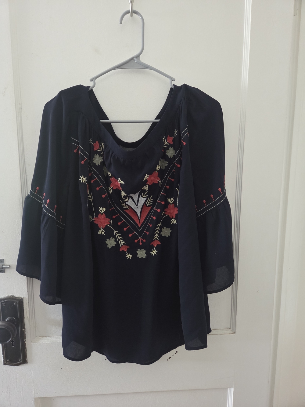 LOFT Navy Embroidered V-Neck Peasant Top with Red Accents
